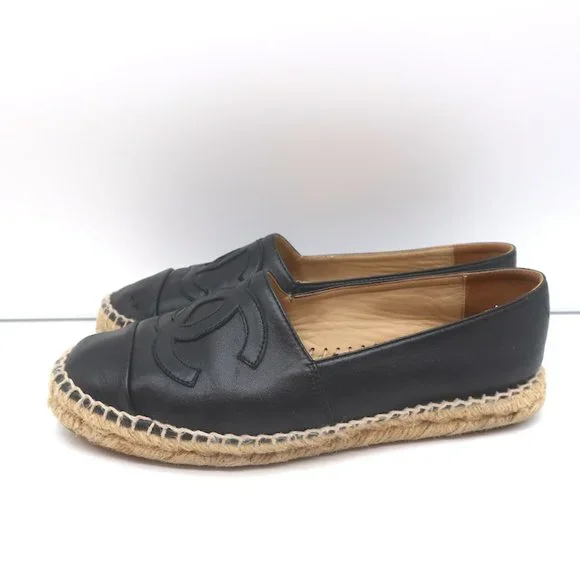 CHANEL CC ESPADRILLES BLACK LEATHER SIZE 37 - Picture 6 of 13